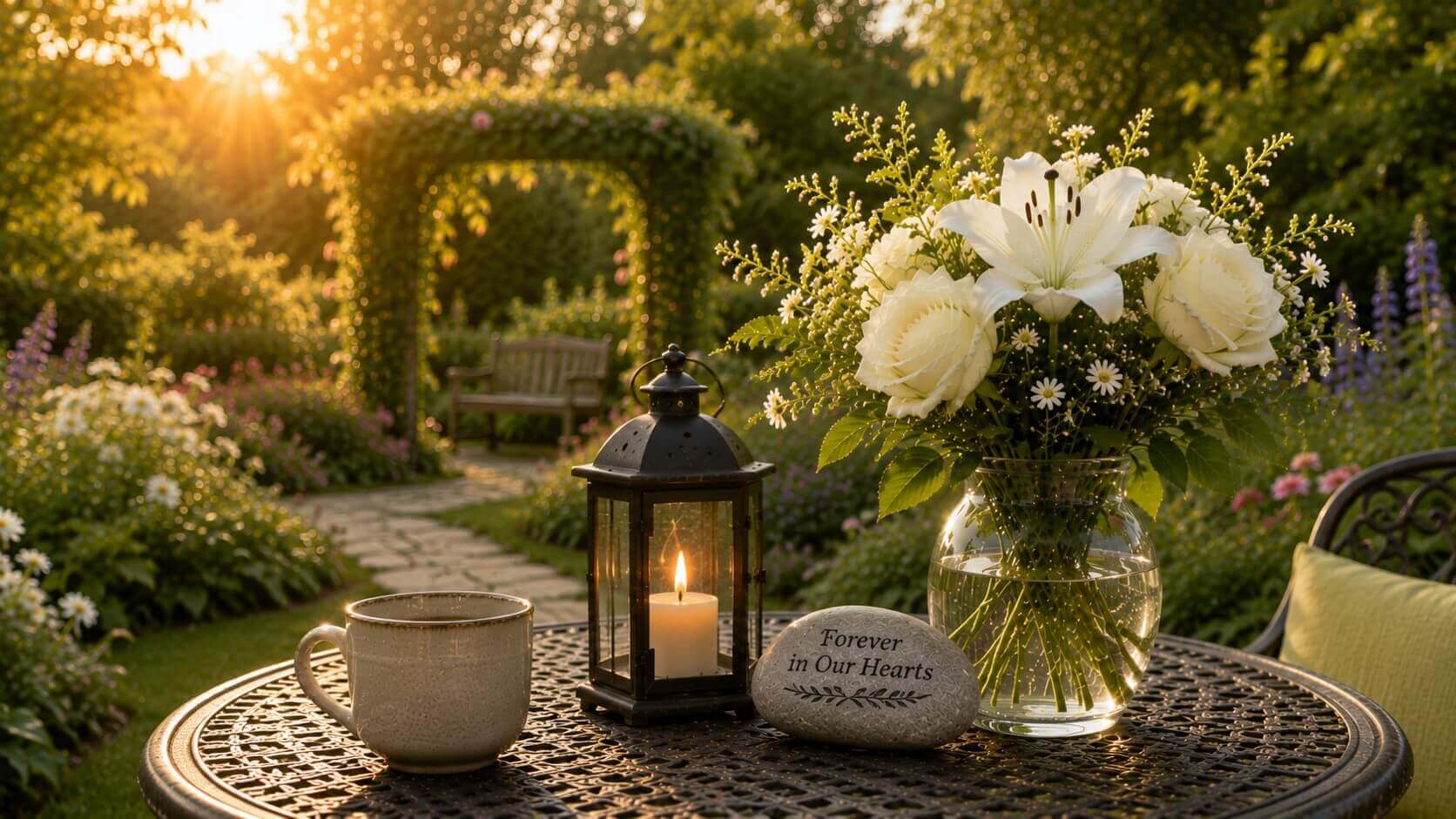 Candlelight, white flowers and a quiet garden setting bring a peaceful touch to cremations in Columbus, OH