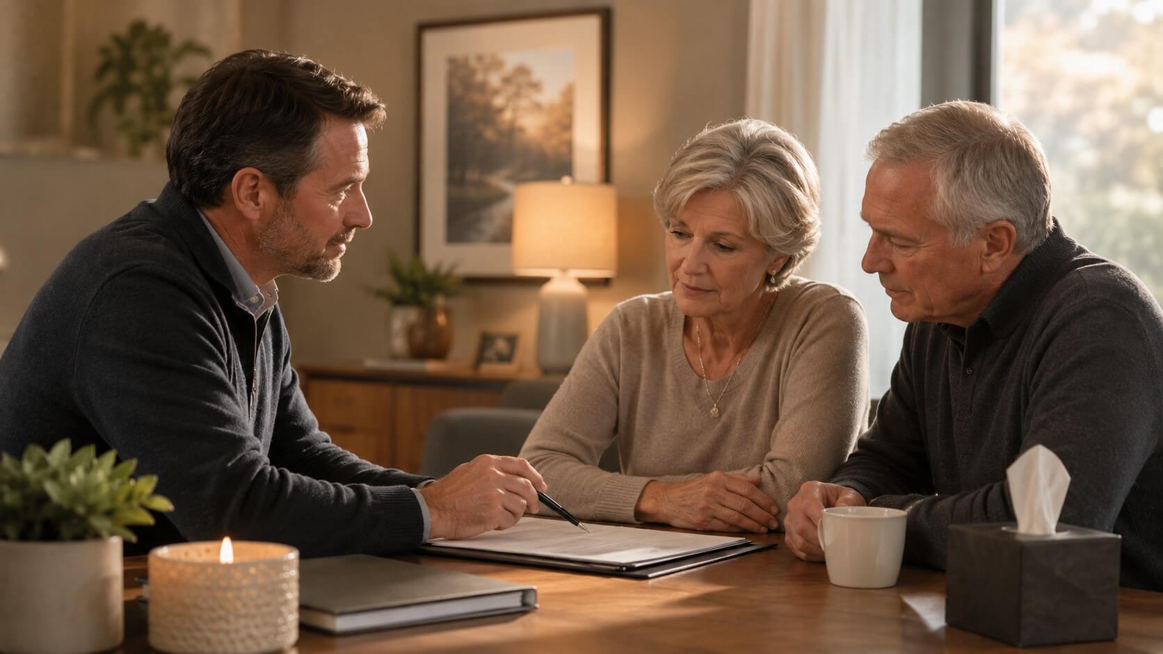 A calm, supportive discussion around the table reflects the care behind cremation services in Columbus, OH