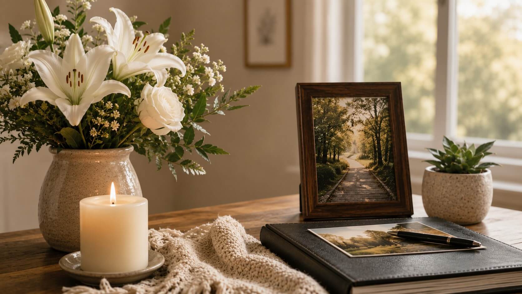 White flowers, candlelight, and a framed tribute create a comforting scene for direct cremation in Columbus, OH